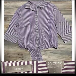 Chico's - Cream/Purple Stripes - Tie Waist- No-Iron-Button Up Blouse -Size 12-14